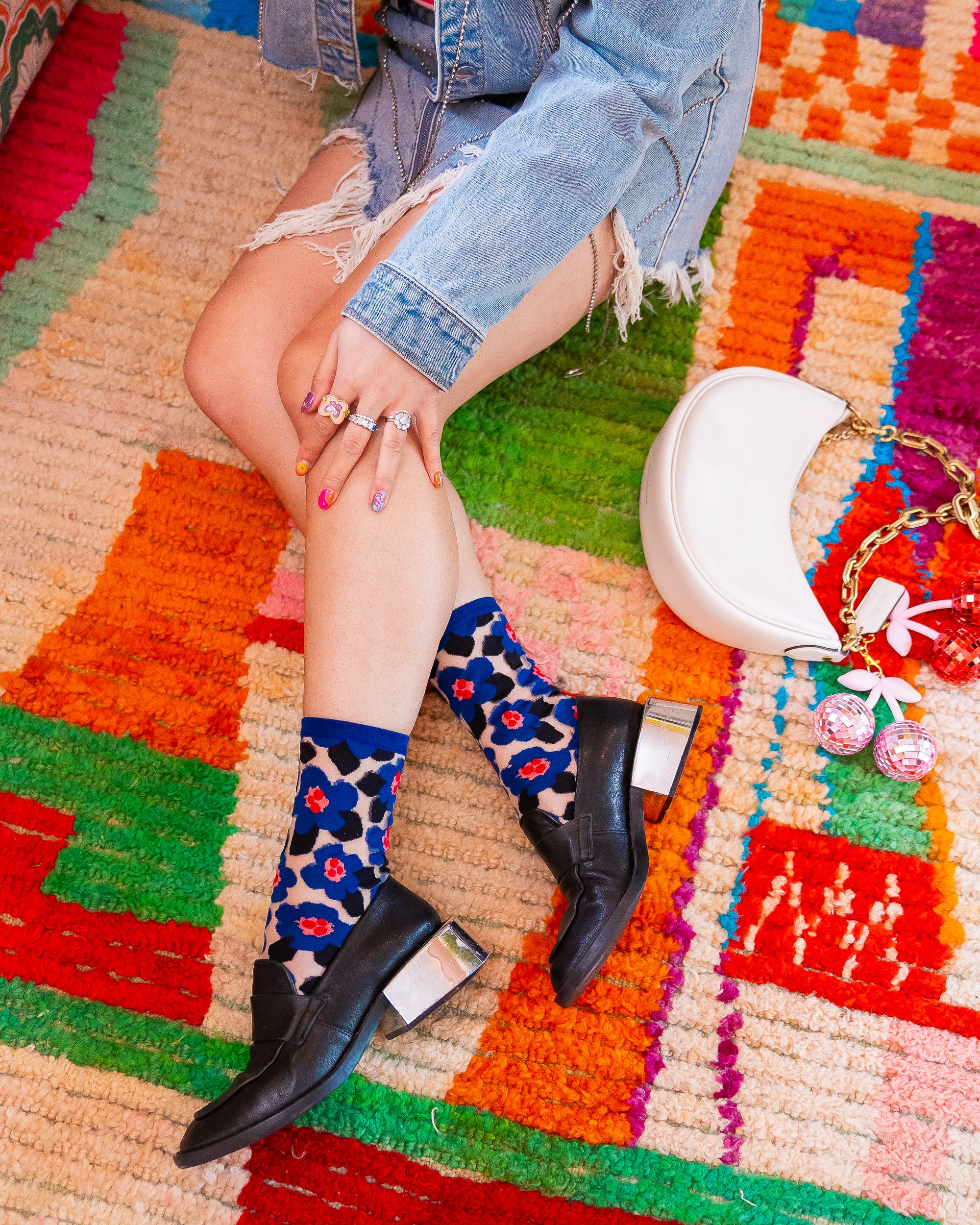 Bold Blue Floral Sheer Crew Sock - Image 3