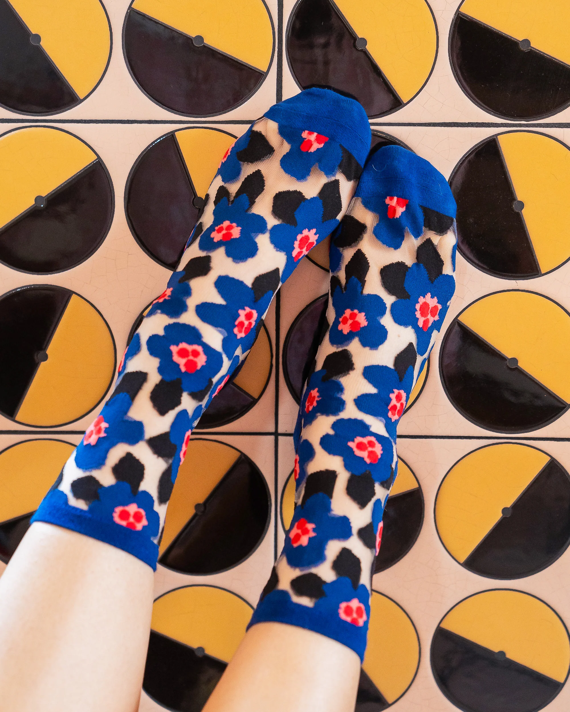 Bold Blue Floral Sheer Crew Sock - Image 4
