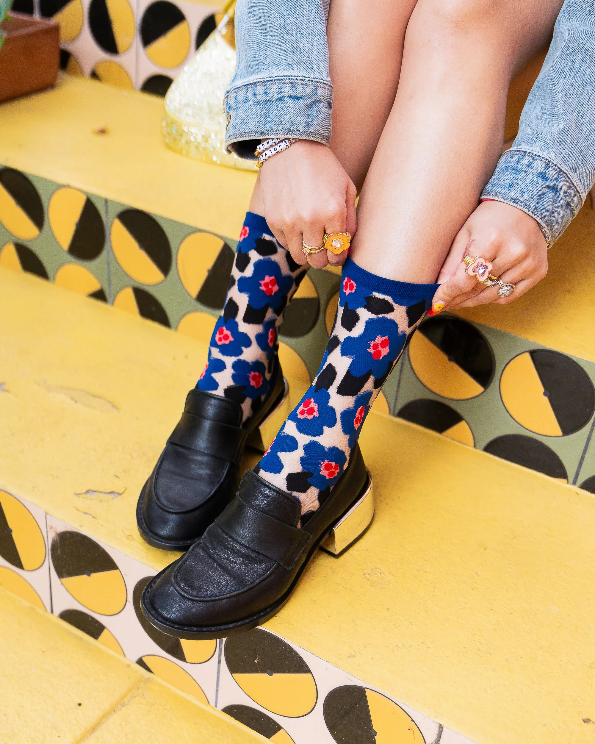 Bold Blue Floral Sheer Crew Sock - Image 6