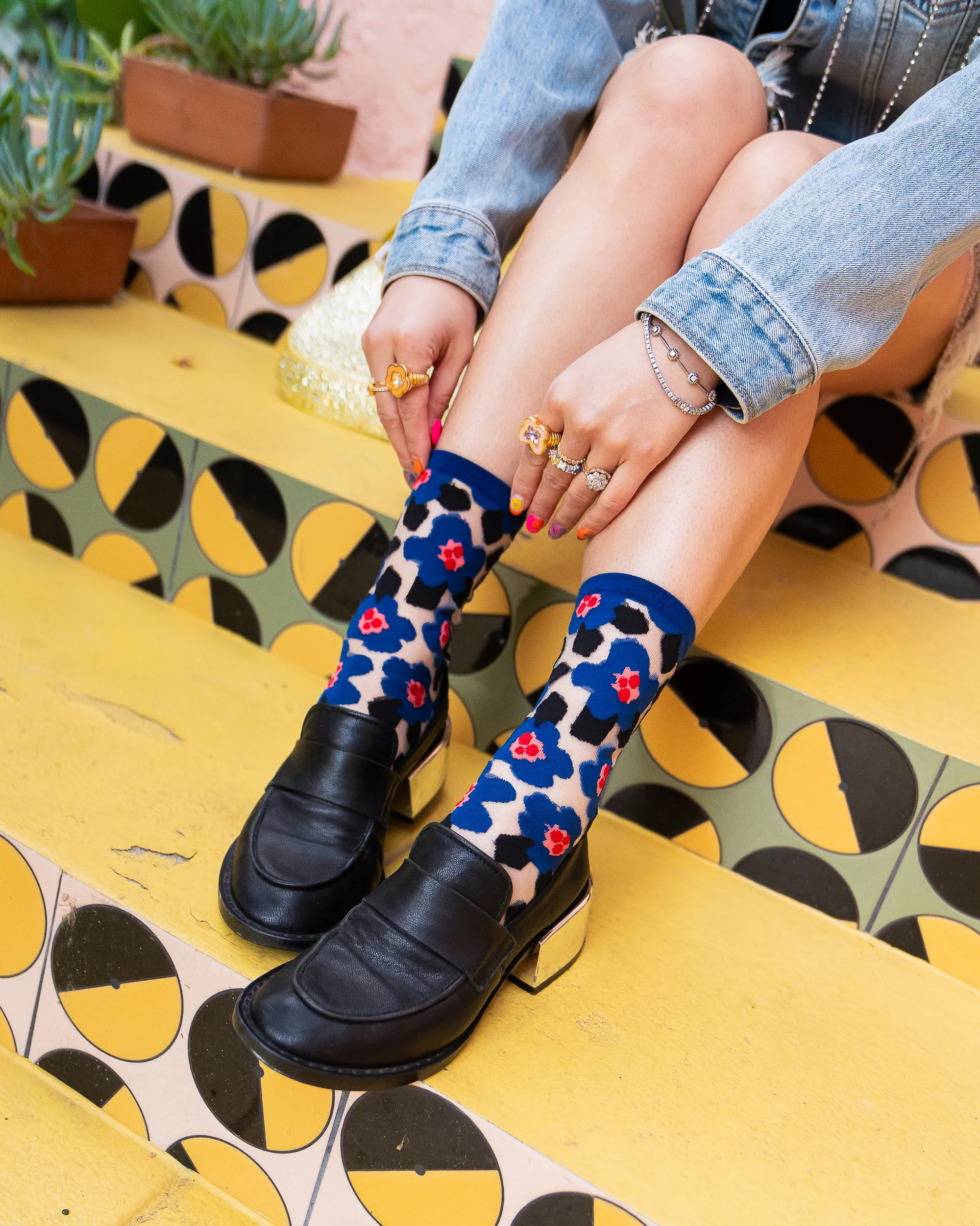 Bold Blue Floral Sheer Crew Sock - Image 7