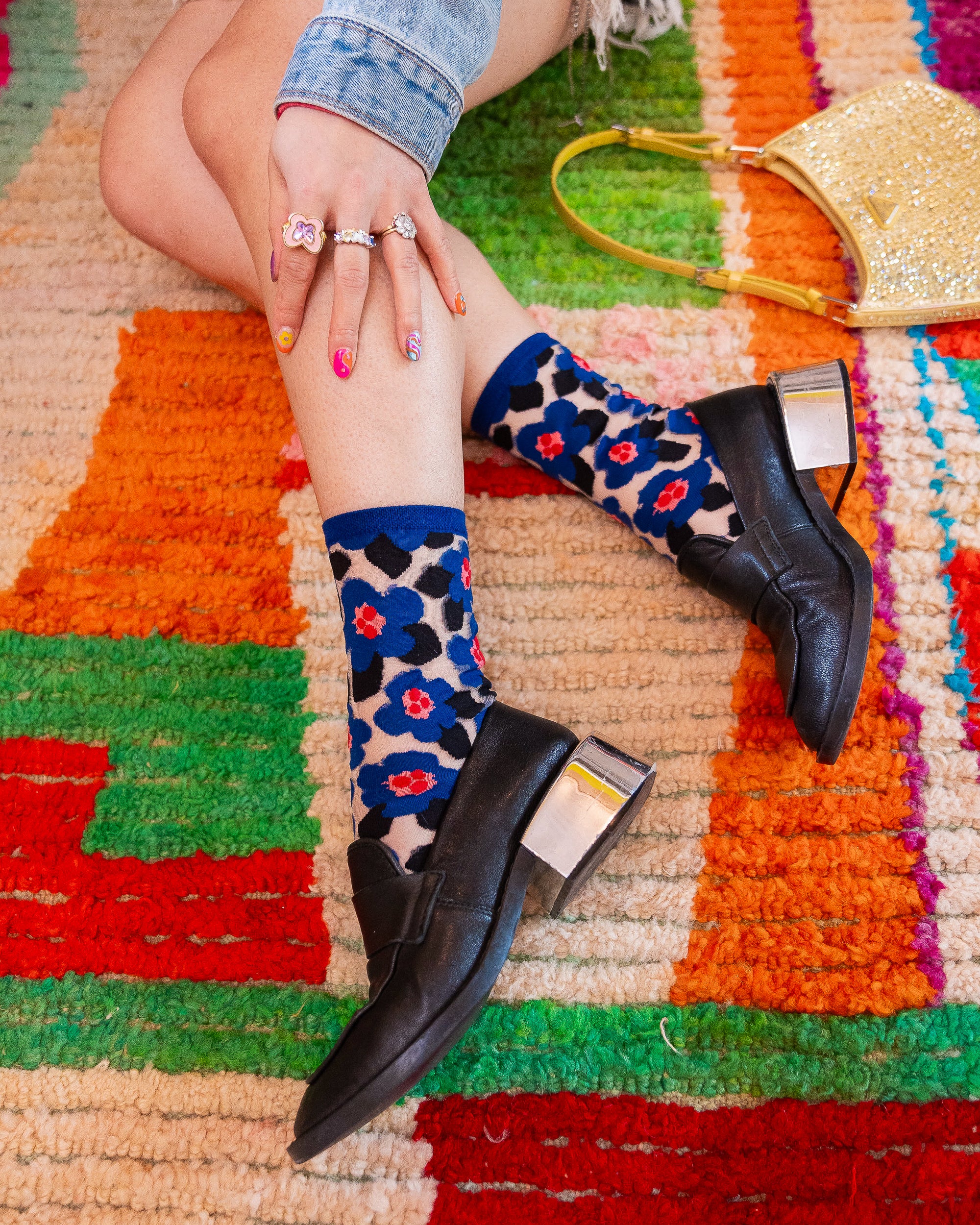 Bold Blue Floral Sheer Crew Sock - Image 9