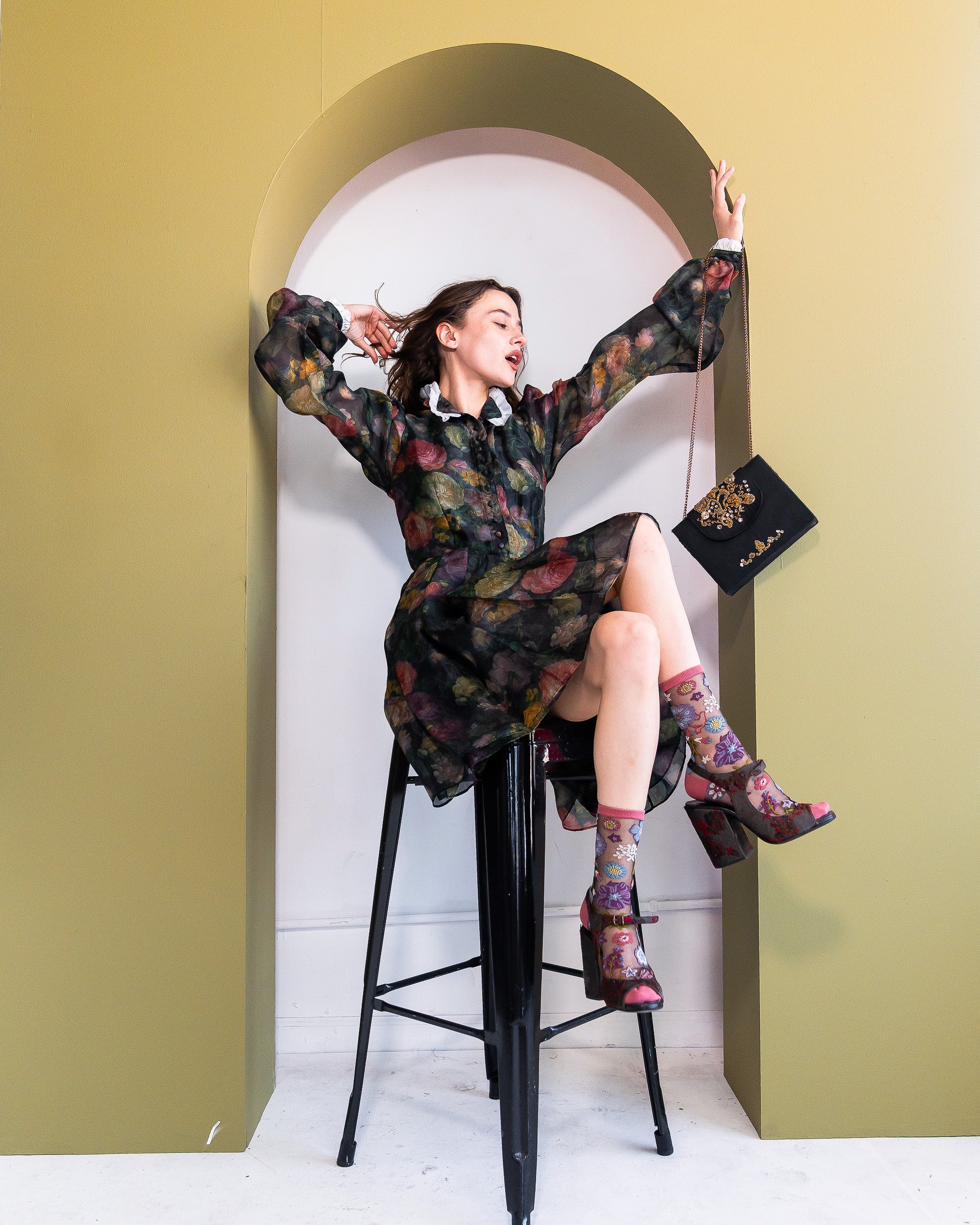 Dark Florals Black Sheer Crew Sock - Image 8
