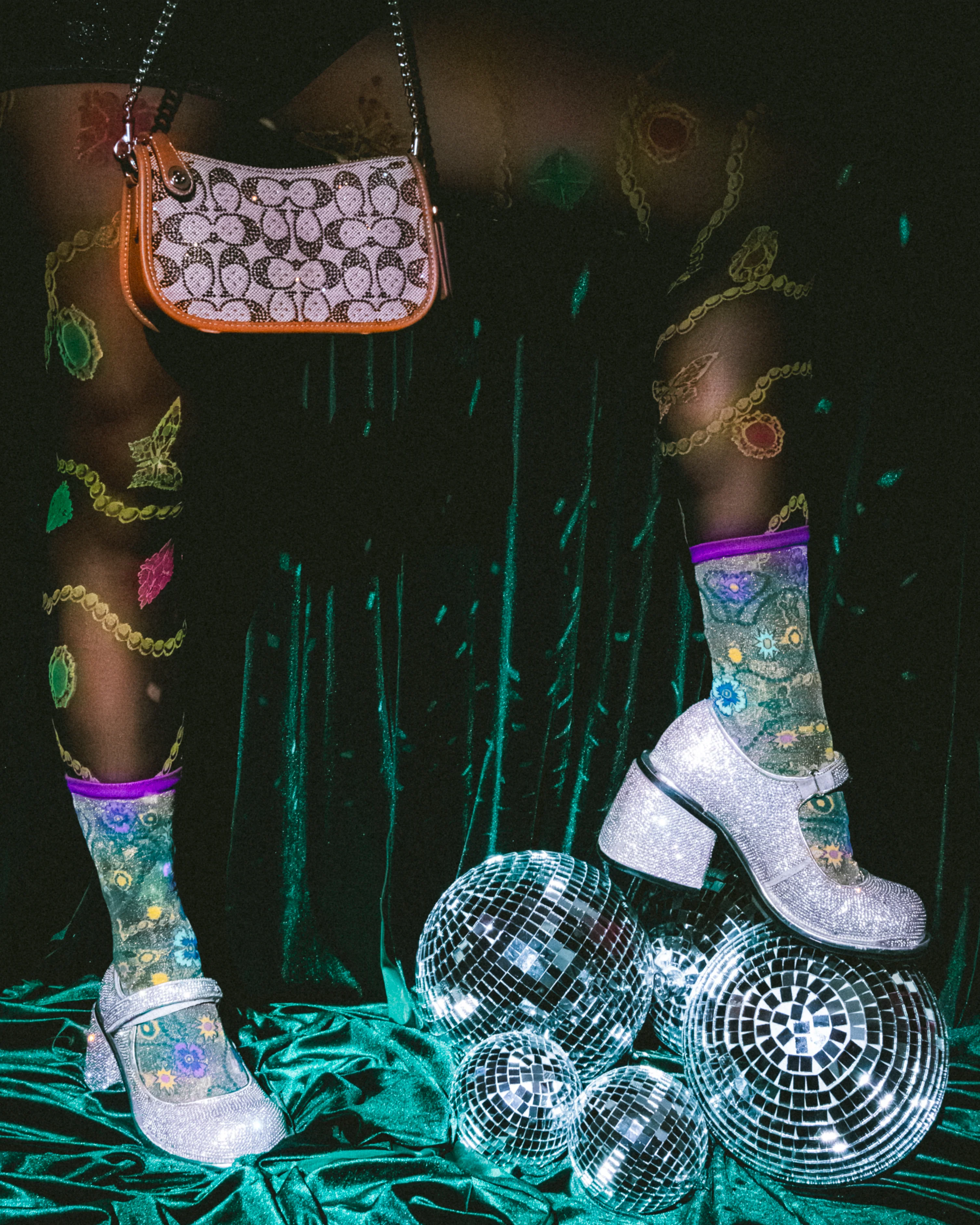 Jeweled Floral Gold Shimmer Sheer Crew Sock - Image 7