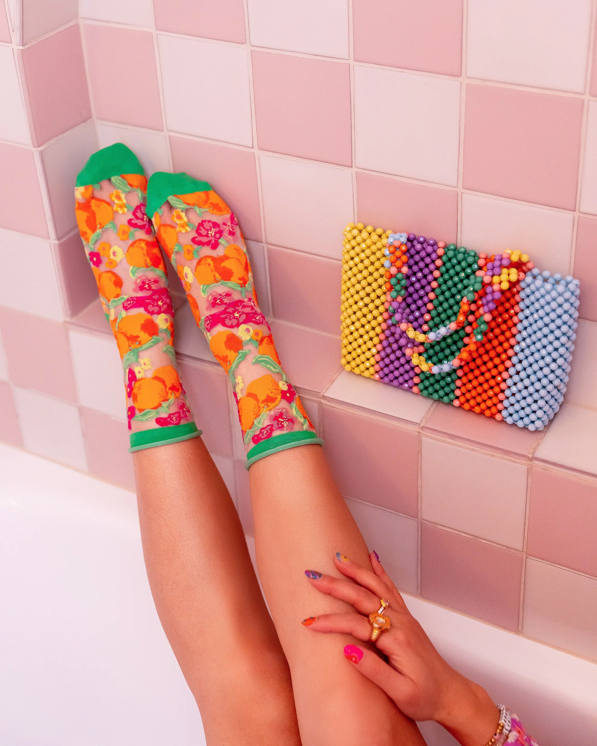Orange Floral Sheer Crew Sock - Image 3