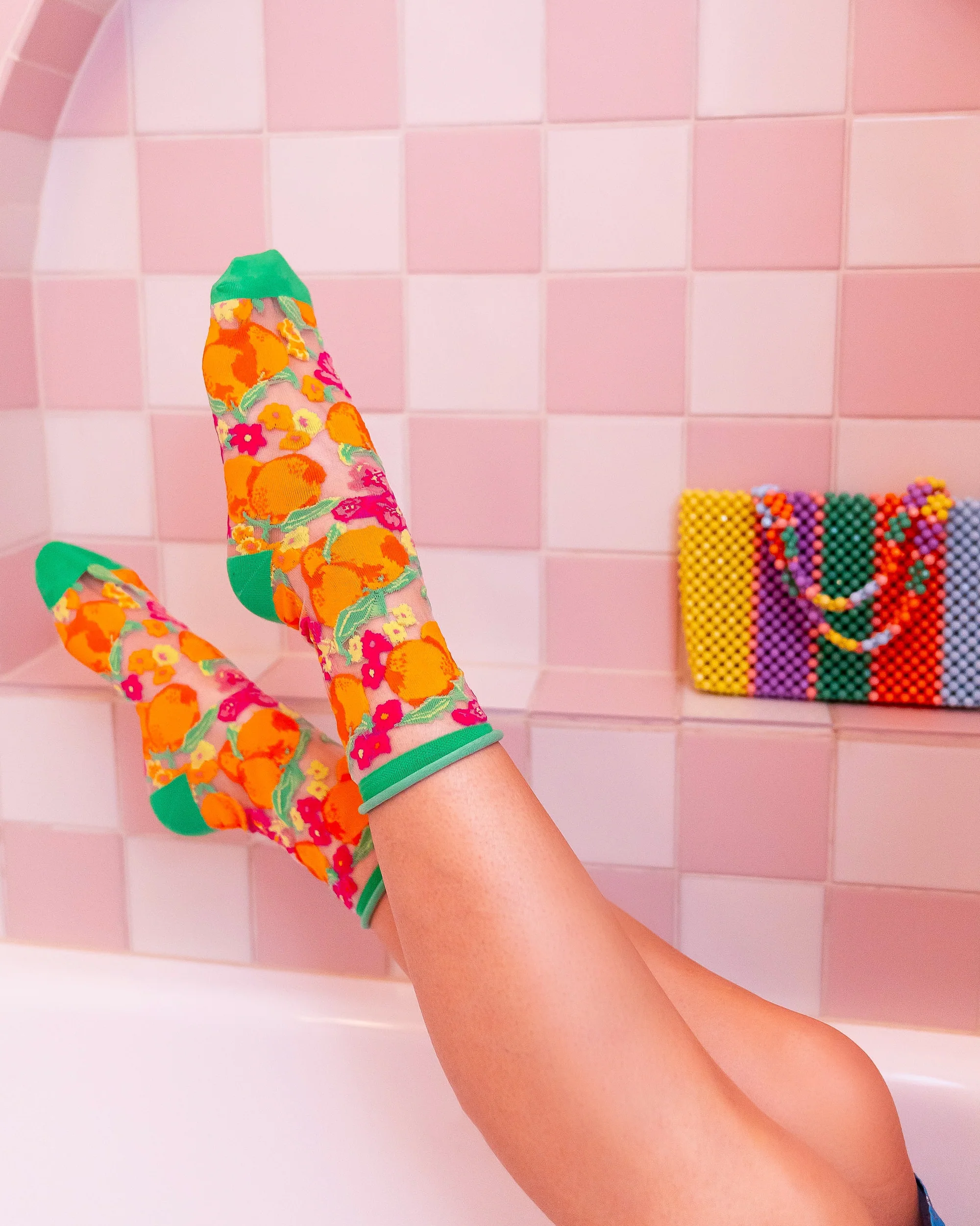 Orange Floral Sheer Crew Sock - Image 6