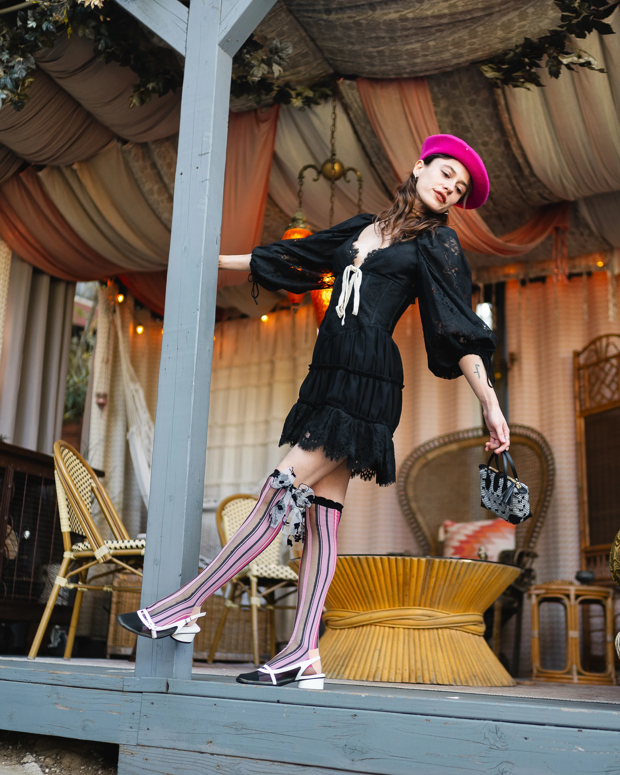 Parisian Stripe Bow Black Sheer Knee High Sock - Image 13