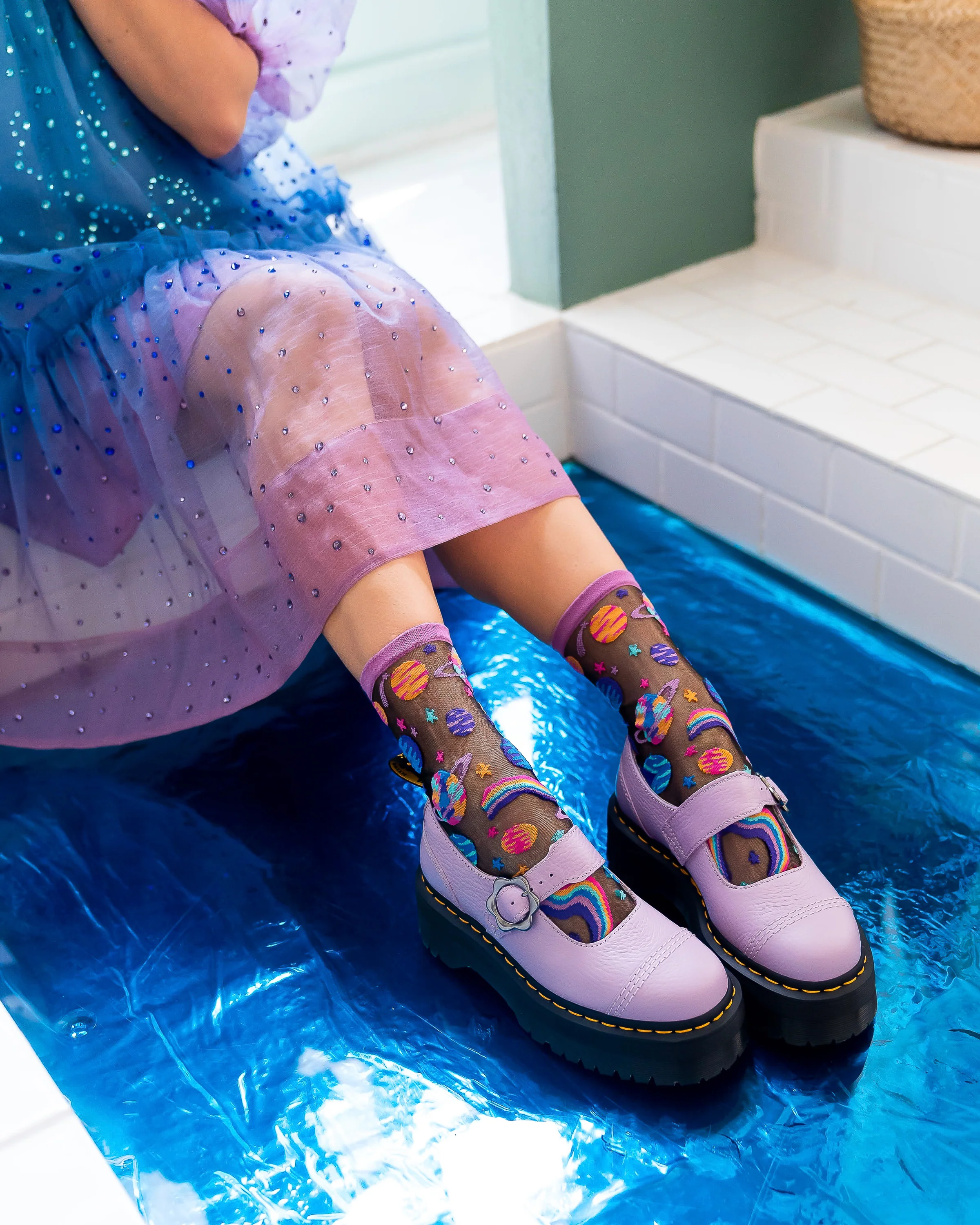 Pop Art Planets Black Sheer Crew Sock - Image 3