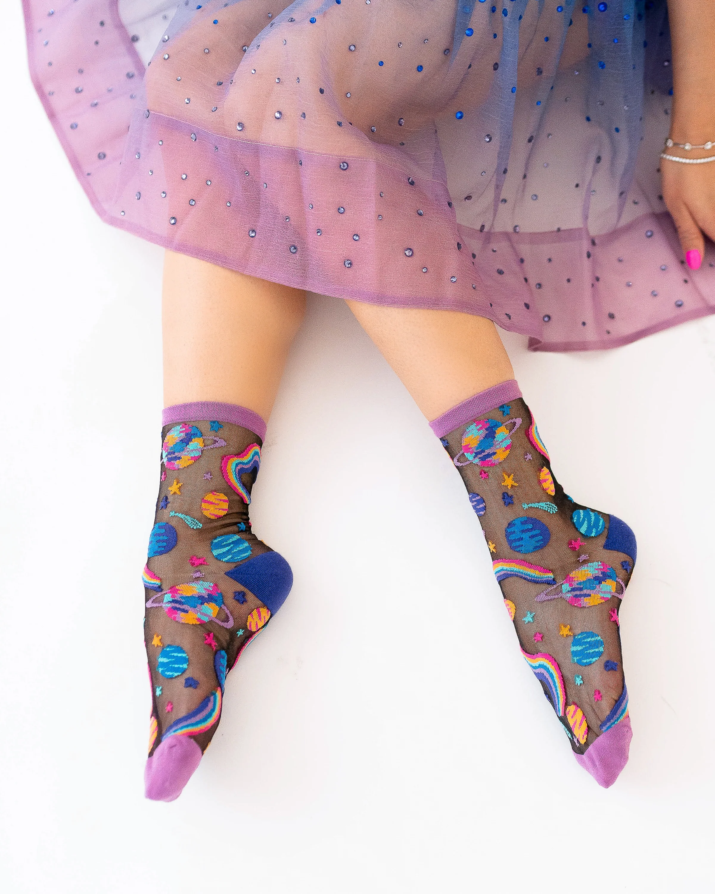 Pop Art Planets Black Sheer Crew Sock - Image 6