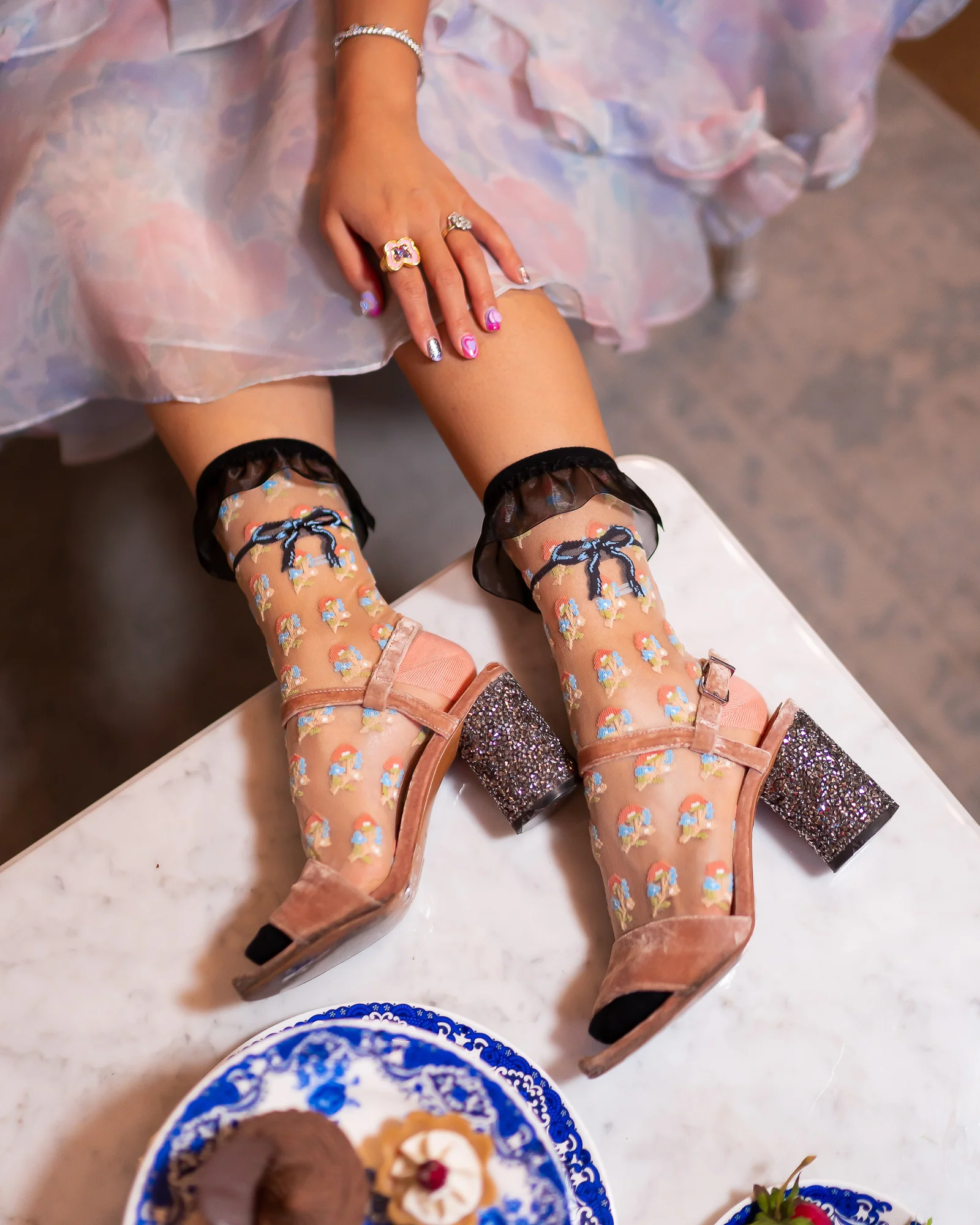 Repeat Floral Ruffle Sheer Crew Sock - Image 3